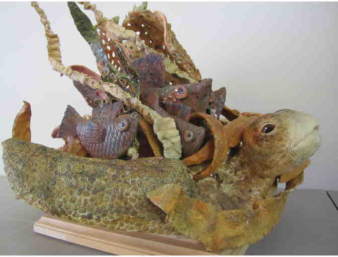 Leatherback Sea Turtle Sculpture with little fish, by ceramics artist Polly Aiello