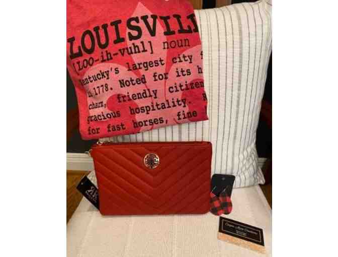Red clutch, earrings and Louisville shirt