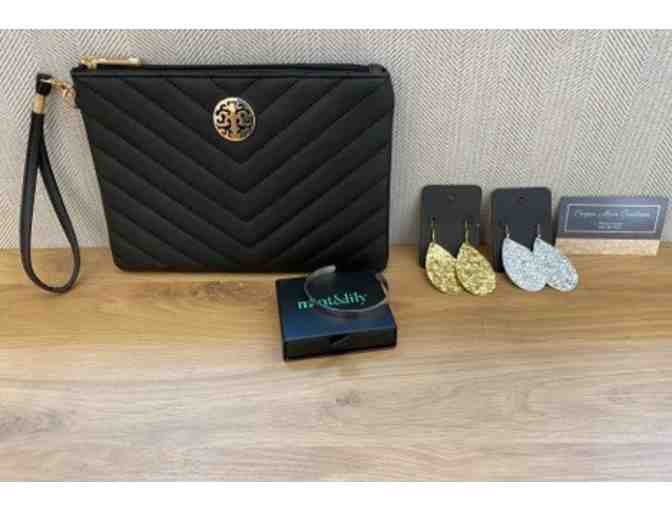 Black clutch, 2 sets of earrings, Mint and Lily Inspirational bracelet
