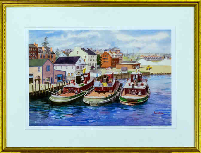 "Three Tugboats" - Framed, signed Giclee Watercolor by Artist Fran Mallon - Photo 1