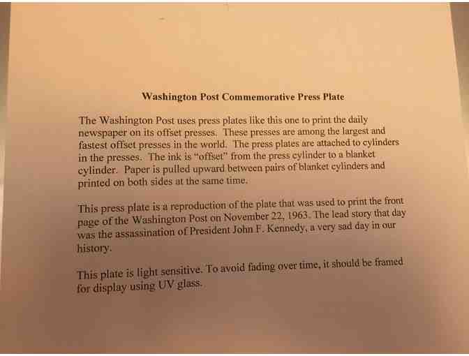Commemorative Washington Post Press Plate: JFK Assassination