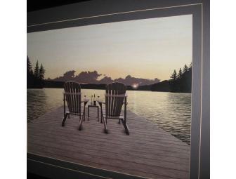 Framed print of lake, dock & chairs