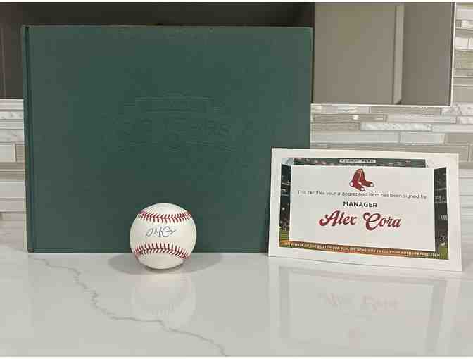 Autographed Baseball - Red Sox Manager Alex Cora & 100 Years of Fenway Park Book.