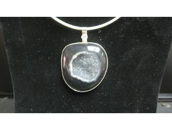 Natural Black Druzy with White Topaz Set in Sterling Silver Necklace
