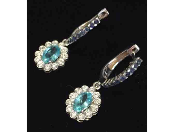 18k Wht Gold, Blue Sapphire Hoop Earrings with Petit Dangling Apatite & Diamonds