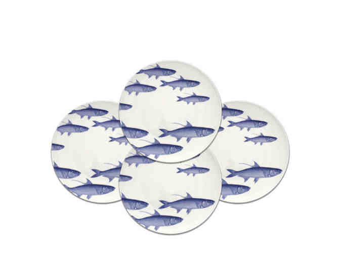 School of Fish: A Set of Six 6' Porcelin Cocktail Plates and Silver Fish PaperWeight