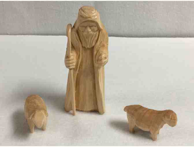 Woodcarving of Shepherd and Two Sheep