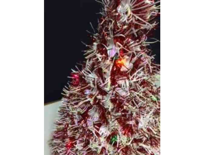 Handmade Lighted Tinsel Tabletop Christmas Tree - Red & White