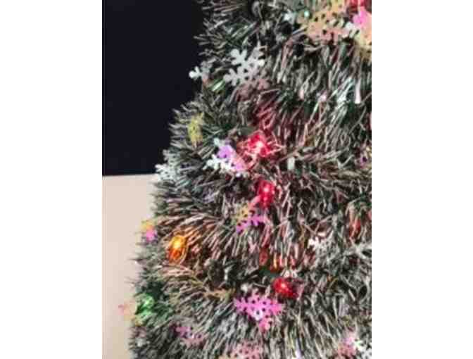 Handmade Lighted Tinsel Tabletop Christmas Tree - Pine Green & White