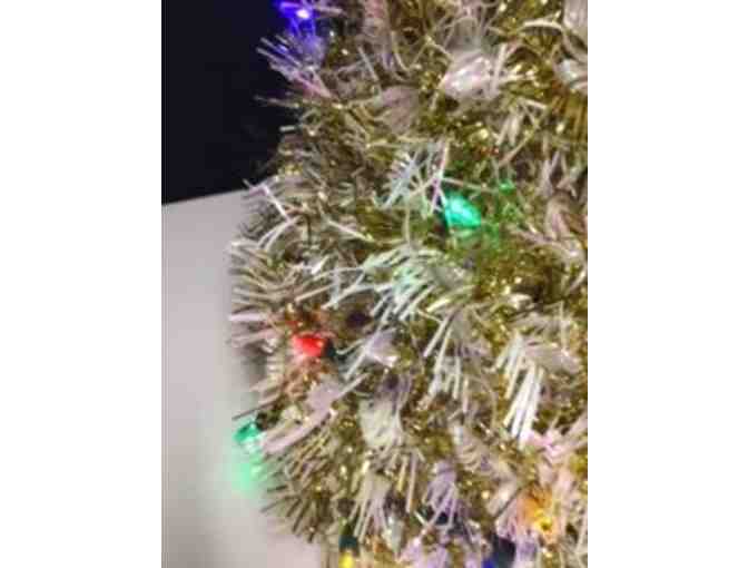 Handmade Lighted Tinsel Tabletop Christmas Tree - Gold & White