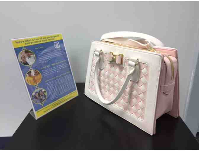 For Mom: pink and white woven tote bag & beautiful brass earrings