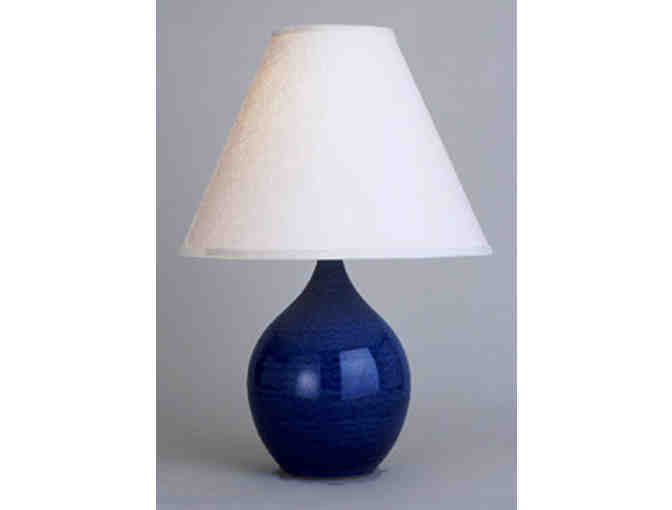 Scatchard Stoneware Blue Gloss Table Lamp with a White Linen Shade