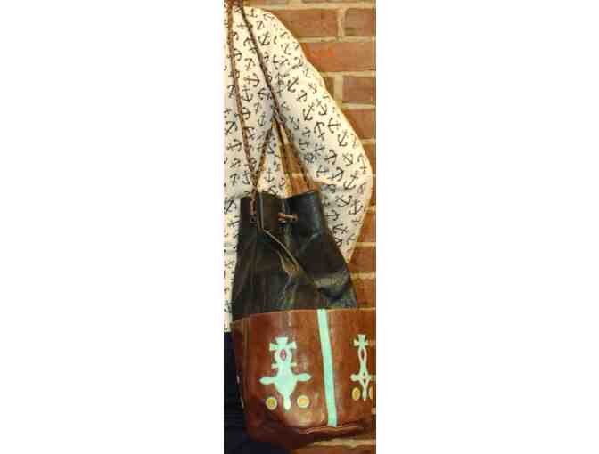 Tuareg Leather Drawstring Bag in Brown, Black & Turquoise
