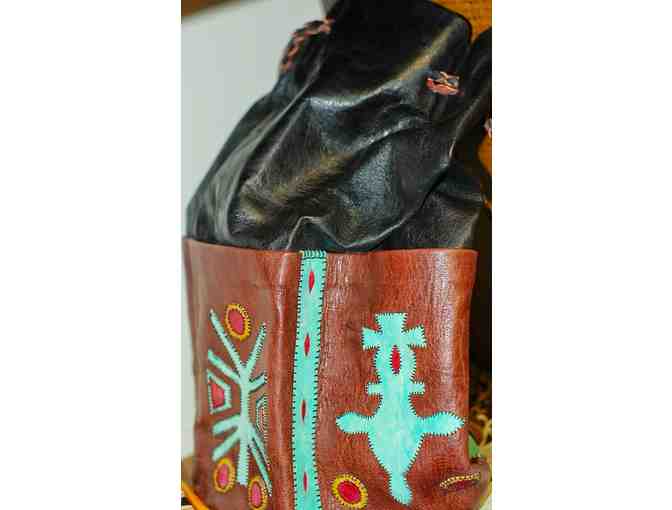 Tuareg Leather Drawstring Bag in Brown, Black & Turquoise
