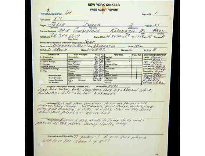 Steiner Sports: DEREK JETER 13X23 SCOUTING REPORT COLLAGE WITH PEN & STADIUM REPLICA