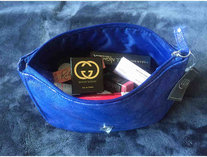 Metallic Purple Clutch filled with Beauty Samples