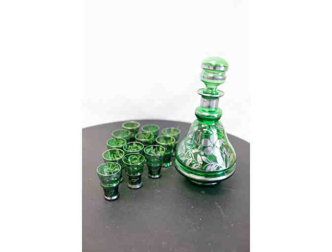 Vintage Green Liquor Decanter and Cups