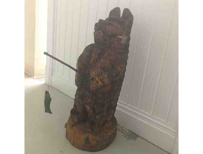 Carved Wooden Bear Status with Pipe and Fishing Pole