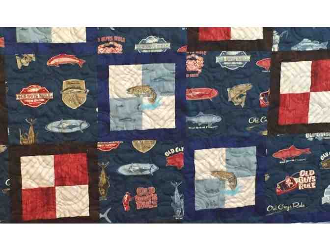 Hand-stitched 60W X 76L Embroidered Quilt - 'What A Catch'