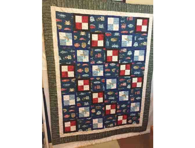 Hand-stitched 60W X 76L Embroidered Quilt - 'What A Catch'
