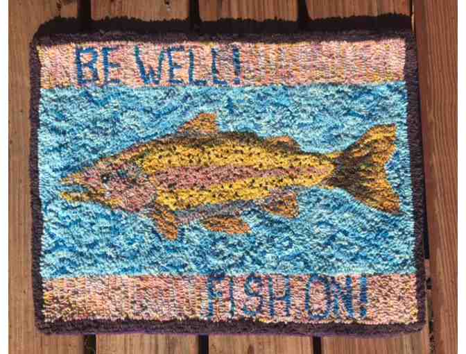 "Be Well! Fish On!" Hand Cut, Dyed and Hooked Wool Rug 14" by 18" - Photo 1