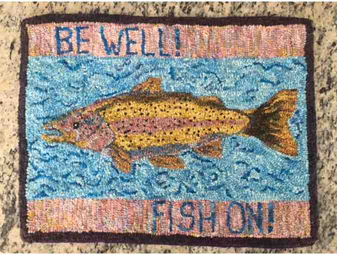 'Be Well! Fish On!' Hand Cut, Dyed and Hooked Wool Rug 14' by 18'