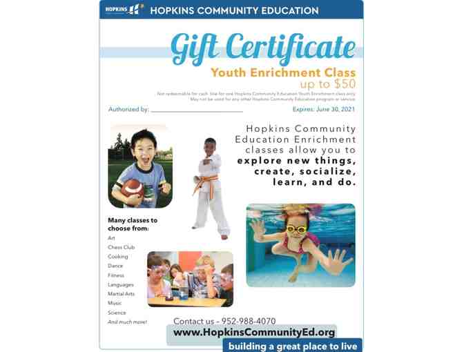 $50 Gift Certificate for a Youth Enrichment Class offered by Hopkins Community Education - Photo 1