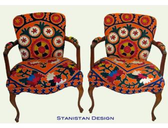 A pair of Orange Suzani Louis XV Chairs donated by Stanistan Design