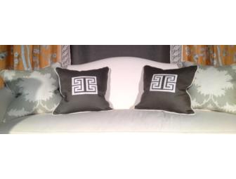 Pair of Pillows: Mary McDonald Grey Linen with Cream Appliques by Schumacher