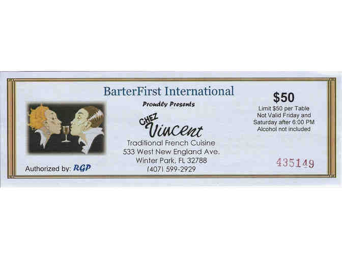 Two (2) $50 Gift Certificate for Chez Vincent in Winter Park