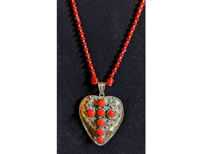 Coral and Silver Heart Necklace