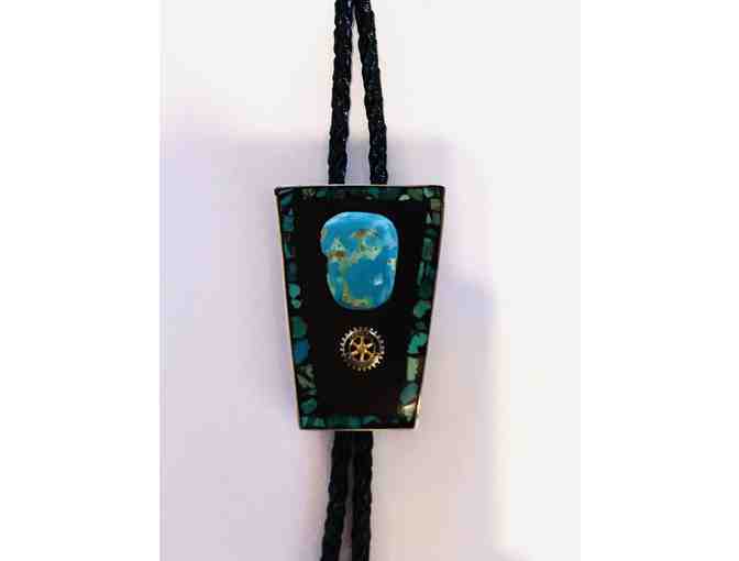 Rotary Bolo Tie with Black enamel, turquoise, and the Rotary wheel