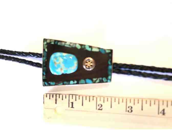 Rotary Bolo Tie with Black enamel, turquoise, and the Rotary wheel