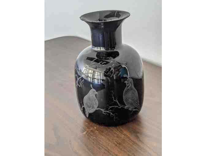 Brown Glass vase with bird carvings done by The Glass Carver in Tubac