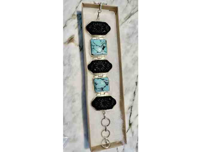 Silver Southwestern Turquoise and Obsidian Bracelet (CBS)