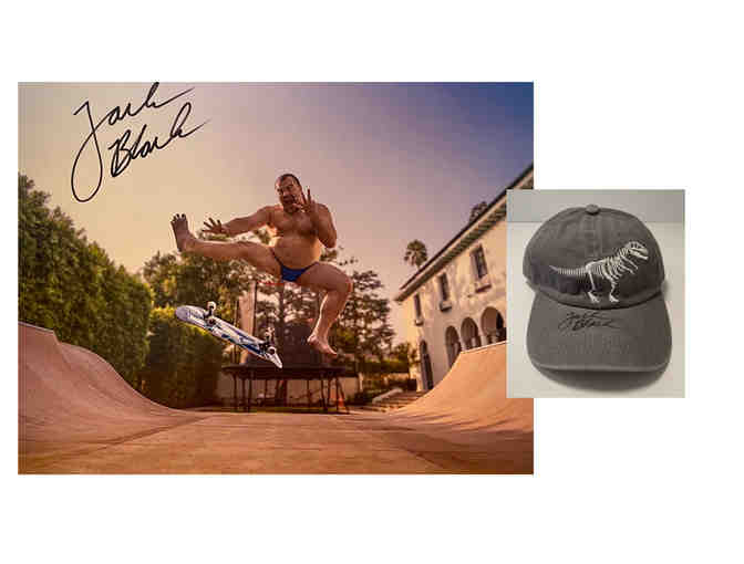 Jack Black signed Skateboard Photo 8x10' and T-rex cap