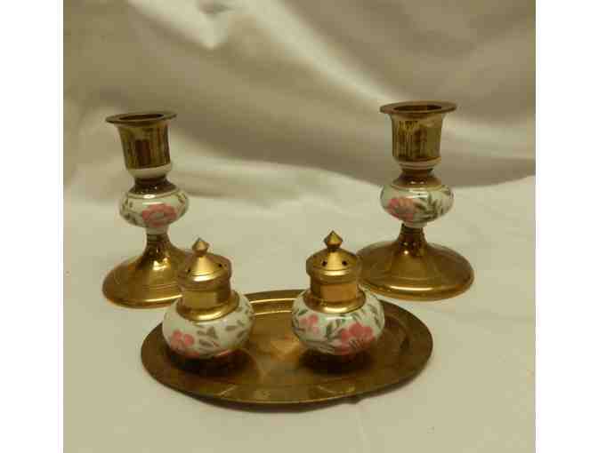 Brass & Porcelain candlesticks with S&P on tray & ring holder