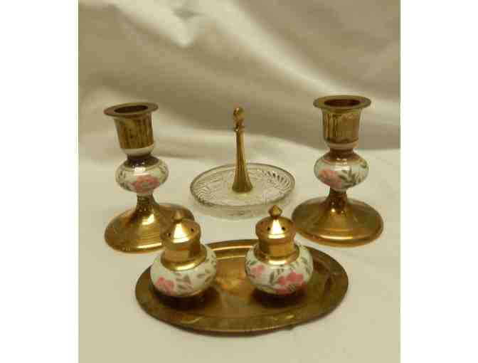 Brass & Porcelain candlesticks with S&P on tray & ring holder
