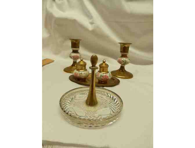 Brass & Porcelain candlesticks with S&P on tray & ring holder