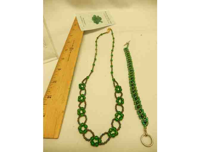 Necklace, bracelet and shamrock pin from Al McIntosh Glass Studio