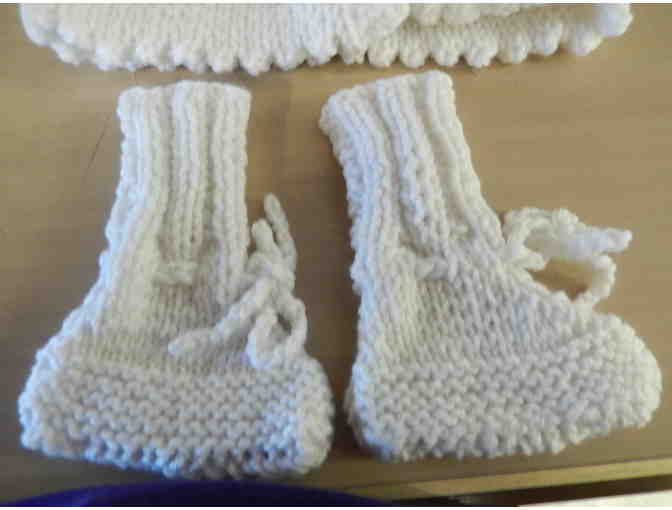 hand knitted hat, booties & sweater set