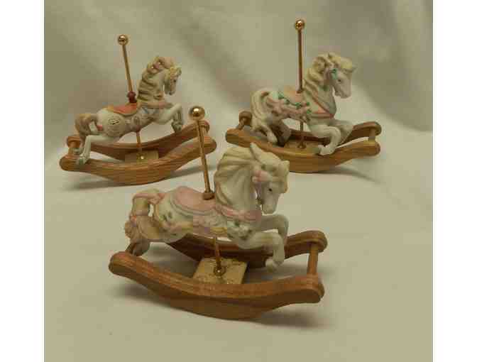 3 collectible rocking horses-white porcelain and wood