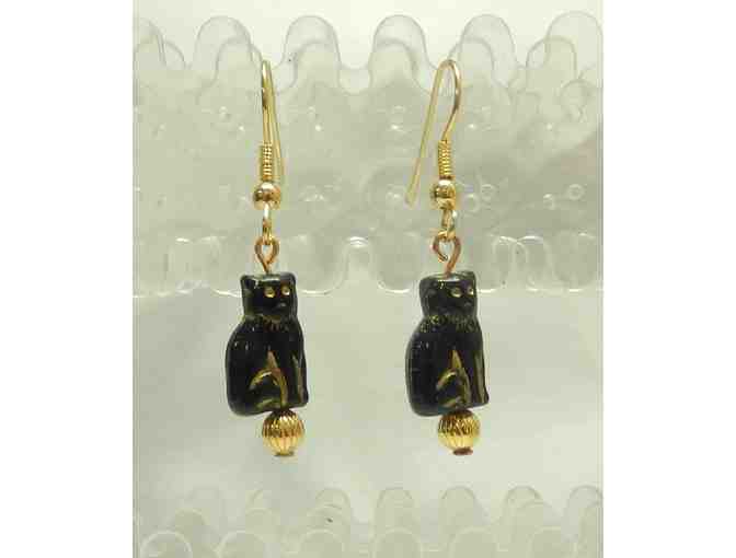 Handcrafted pressed glass cat earrings with gold trim by Al McIntosh Glass Studio