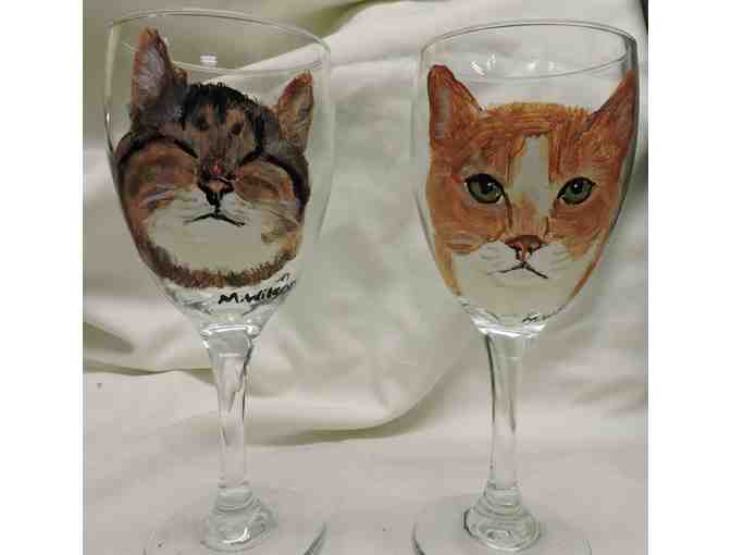 Handpainted glasses feature kitties Hellen Keller & Dusty-winning bid sponsors them