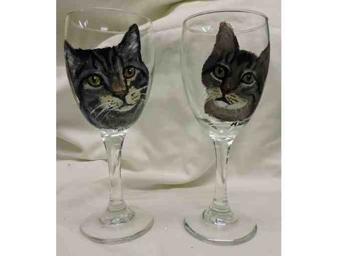 Two 7 1/2' hand painted glasses feature R. H. cats Darby & CoCo-winning bid sponsors them