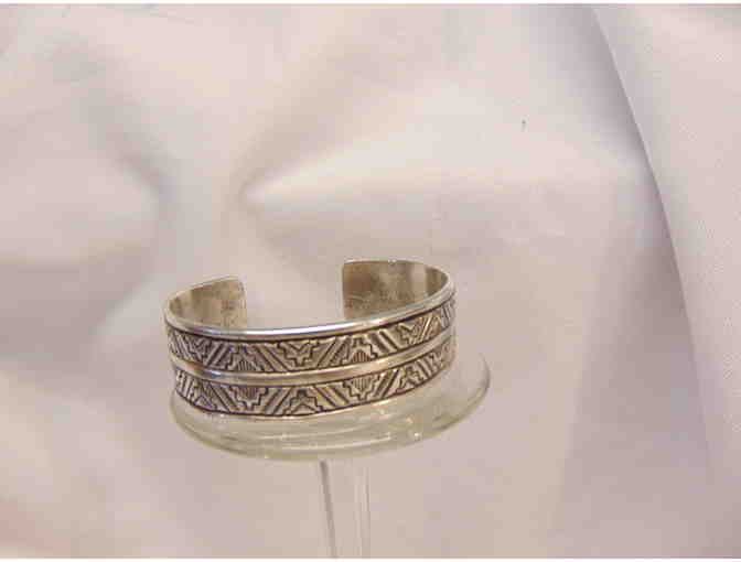 Heavy Sterling Silver Stamped Design Cuff signed Troy Lanner