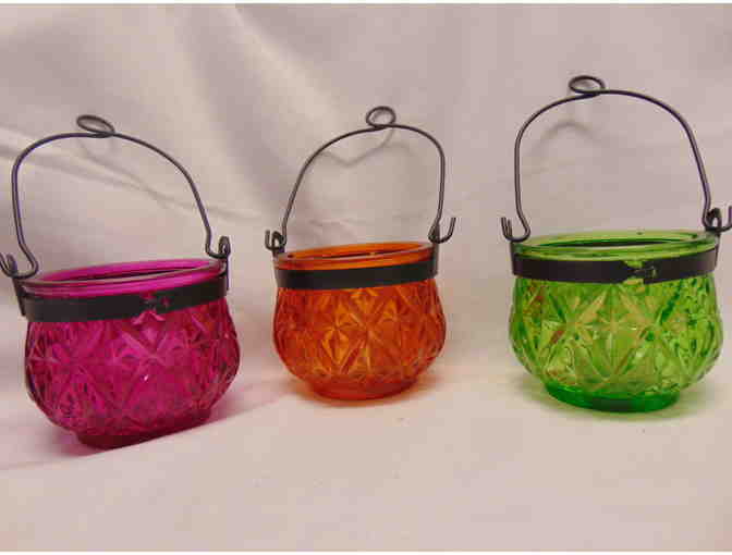 3 Colorful Glass Tealight Candle Holders with wire hangers - Photo 1
