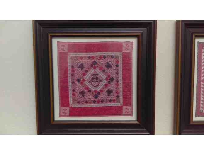 'Set of four miniature quilt prints, matted and framed, with glass.  Frame size 10 3/4 inc