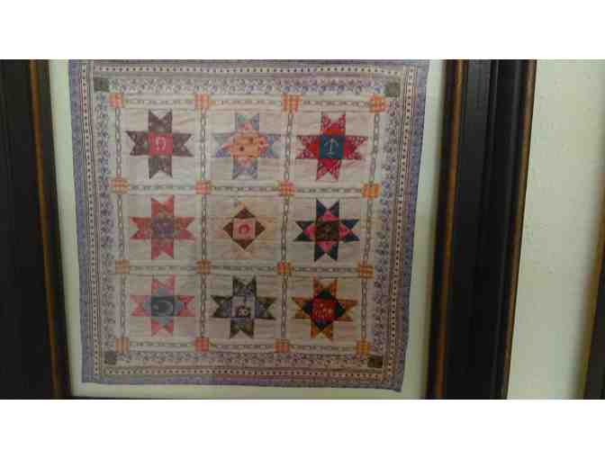 'Set of four miniature quilt prints, matted and framed, with glass.  Frame size 10 3/4 inc