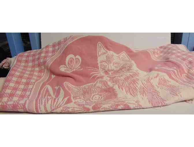 Neat Pink Fringed Lap Blanket with Cats